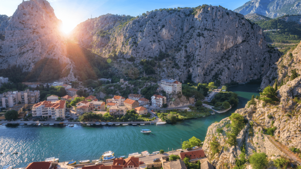 Scenic aerial view of Omis where the Cetina River meets the Adriatic Sea