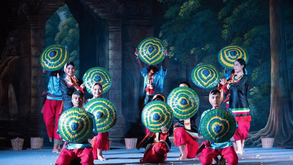 Traditional Cambodian cultural dance performance with colorful costumes