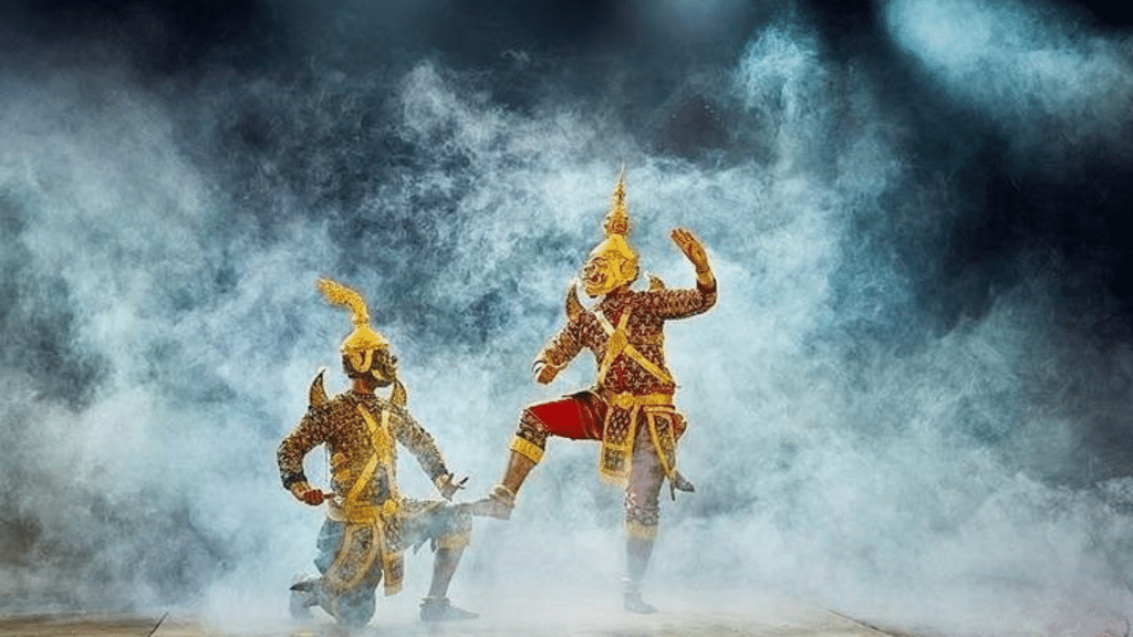 Traditional Khmer dancers perform during the Apsara dinner show in Siem Reap