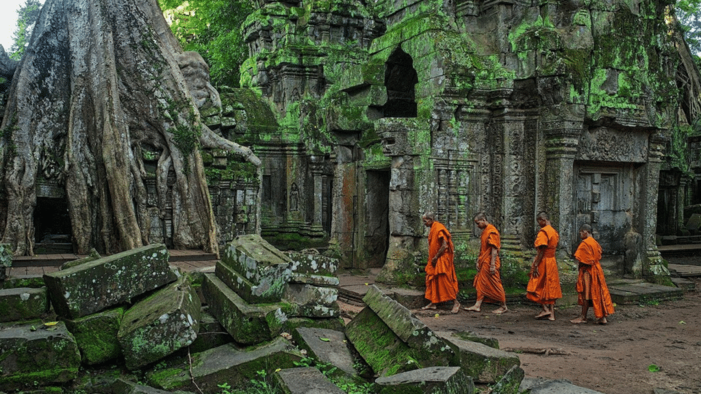 Buddhist monks walk through the ancient Ta Prohm temple ruins