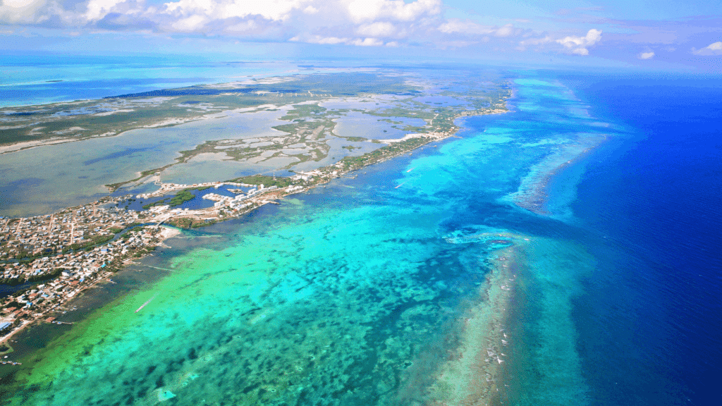 Aerial view of San Pedro, Belize and turquoise Caribbean water