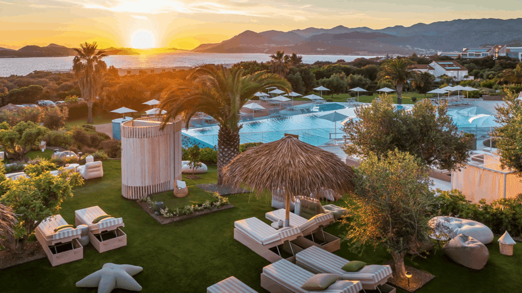 Coastal resort with swimming pool, palm trees and Adriatic Sea views at sunset near Dubrovnik, Croatia